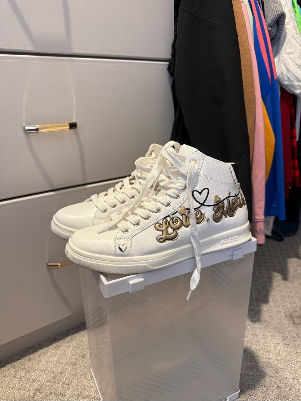 Aldo White High-Top Sneakers with Gold 'Love More' Script and Heart Accent